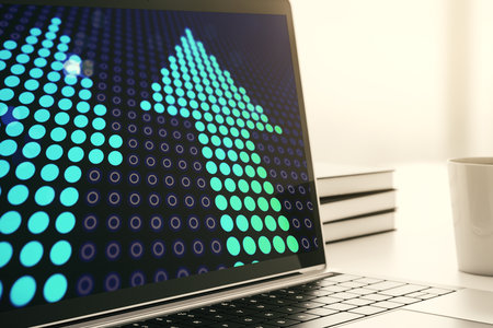 Creative abstract upward arrows sketch on modern laptop monitor, target and goal concept. 3D Renderingの写真素材