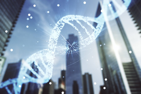 DNA hologram on blurry cityscape background, biotechnology and genetic concept. Multiexposureの写真素材