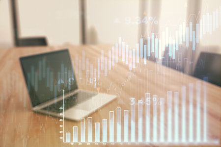 Multi exposure of abstract creative financial chart on computer background, research and analytics conceptの写真素材
