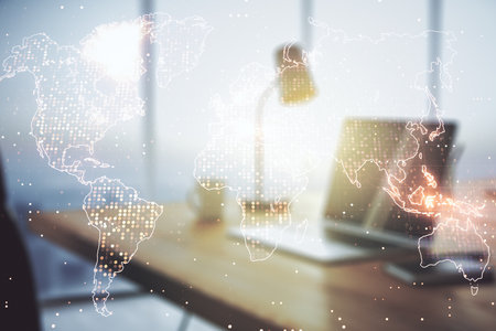 Double exposure of abstract digital world map on computer background, big data and blockchain conceptの写真素材