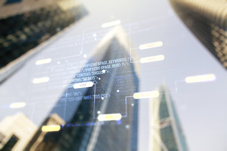 Multi exposure of abstract graphic coding sketch on modern architecture background, big data and networking conceptの写真素材