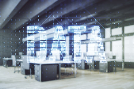 Virtual Data word sign hologram on a modern furnished office background. Multiexposureの写真素材