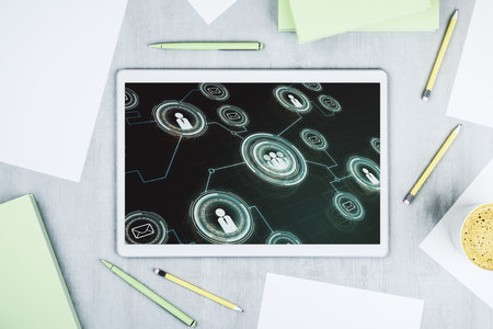 Social network concept on modern digital tablet screen. Top view. 3D Renderingの写真素材