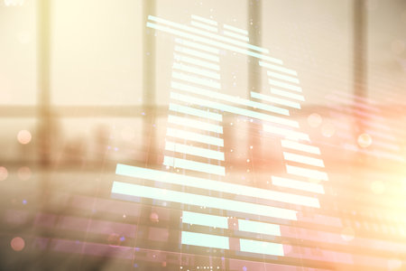 Virtual Bitcoin hologram on empty corporate office background. Multiexposureの写真素材