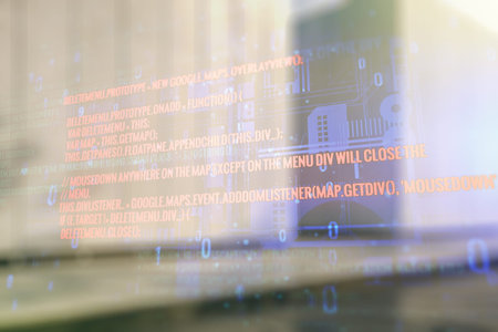 Multi exposure of abstract graphic coding sketch on blurry contemporary office building background,...