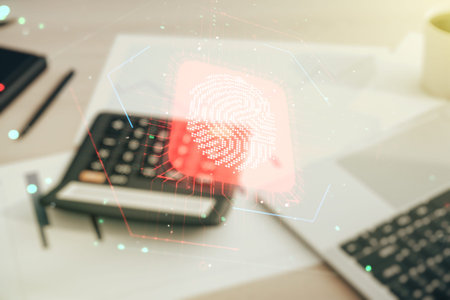 Multi exposure of virtual creative fingerprint hologram on blurry calculator with laptop background,...