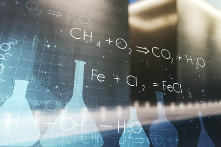 Abstract virtual chemistry illustration on blurry contemporary office building background, science and research concept. Multiexposureの写真素材