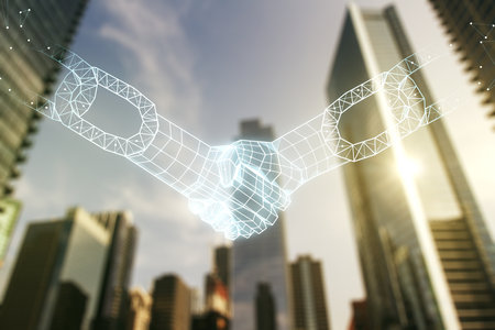 Double exposure of abstract virtual blockchain technology hologram with handshake on modern skyscrapers background. Research and development decentralization software conceptの写真素材