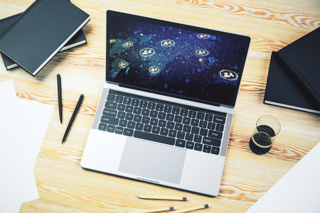 Modern computer monitor with social network icons concept with world map. Marketing and promotion concept. 3D Renderingの写真素材