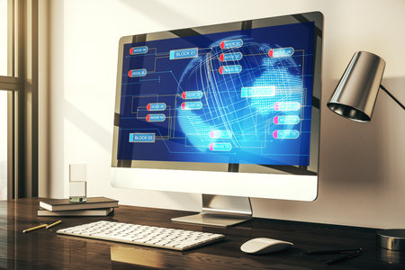 Modern computer monitor with abstract programming language with world map, research and development concept. 3D Renderingの写真素材