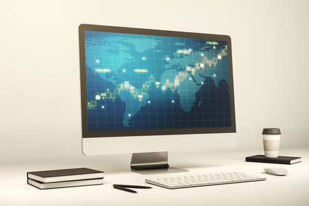 Modern computer display with abstract financial graph with world map, financial and trading concept. 3D Renderingの写真素材