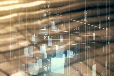 Multi exposure of abstract virtual graphic data spreadsheet sketch on abstract metal background, analytics and analysis conceptの写真素材