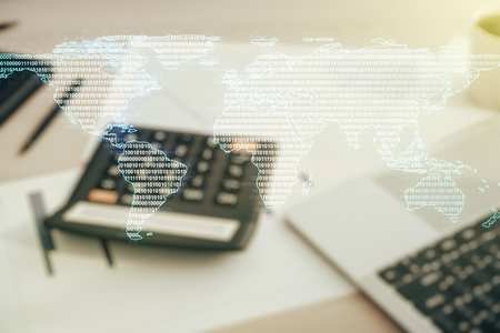 Multi exposure of abstract graphic world map on blurry calculator and computer background, big data and networking conceptの写真素材