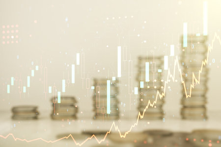 Multi exposure of virtual abstract financial graph interface on coins background, financial and trading conceptの写真素材