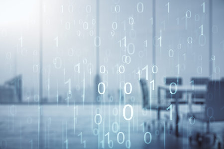 Abstract virtual binary code illustration on a modern conference room background. Big data and...