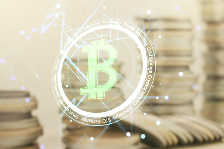 Double exposure of creative Bitcoin symbol hologram on growing stacks of coins background. Cryptocurrency conceptの写真素材