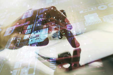 Double exposure of abstract creative programming illustration and finger clicks on a digital tablet on background, big data and blockchain conceptの写真素材