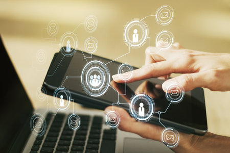 Social network concept with finger clicks on a digital tablet on background. Multiexposureの写真素材
