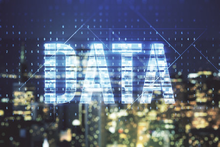Data word hologram on blurry office buildings background, big data and blockchain concept. Multiexposureの写真素材