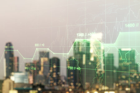 Multi exposure of abstract statistics data hologram interface on blurry office buildings background, computing and analytics conceptの写真素材