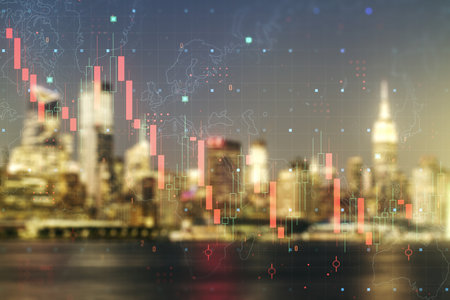 Abstract virtual global crisis chart and world map sketch on blurry office buildings background, falling markets and collapse of global economy concept. Double exposureの写真素材