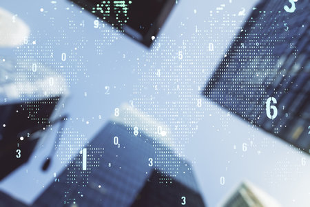 Multi exposure of abstract graphic coding sketch and world map on modern architecture background, big data and networking conceptの写真素材