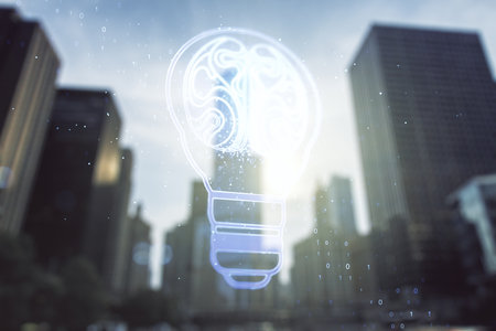 Abstract virtual light bulb illustration with human brain on modern architecture background, future technology concept. Multiexposureの写真素材