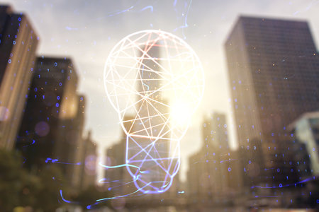 Double exposure of creative light bulb hologram on modern skyscrapers background, research and development conceptの写真素材