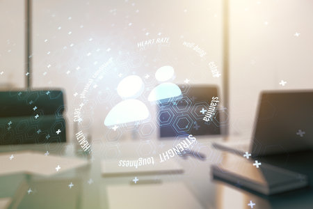 Double exposure of people icons hologram and modern desktop with laptop on background. Online insurance service conceptの写真素材