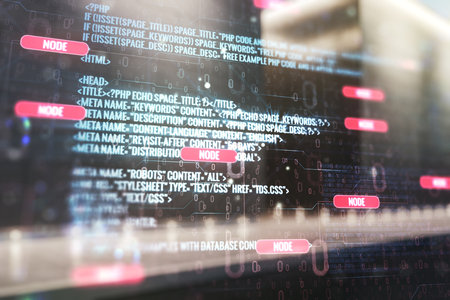 Multi exposure of abstract programming language hologram on contemporary business center exterior background, artificial intelligence and machine learning conceptの写真素材