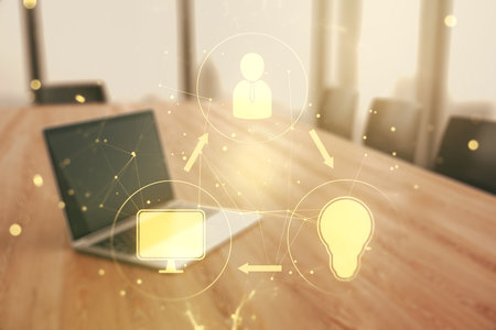 Double exposure of social network icons concept with computer on background. Networking conceptの写真素材