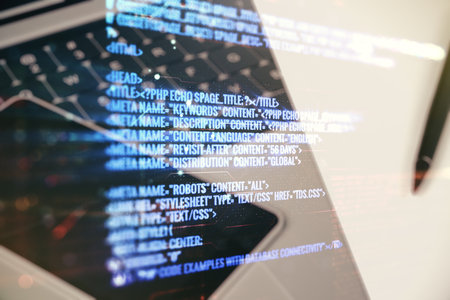Multi exposure of abstract programming language hologram on computer background, artificial intelligence and machine learning conceptの写真素材