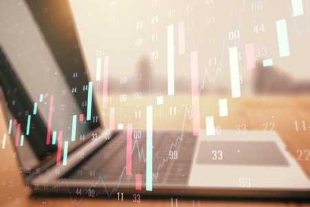 Double exposure of abstract creative financial diagram on modern laptop background, banking and accounting conceptの写真素材