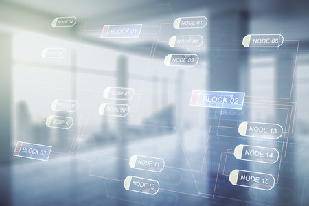 Multi exposure of abstract creative coding sketch on empty corporate office background, artificial intelligence and neural networks conceptの写真素材