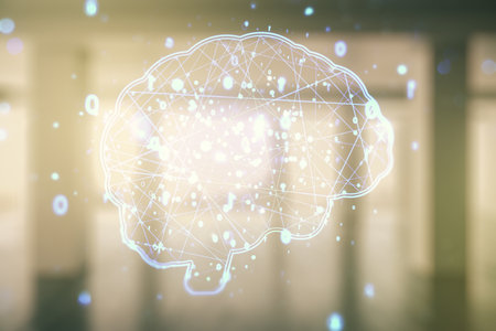 Virtual creative artificial Intelligence hologram with human brain sketch on empty corporate office background. Multiexposureの写真素材