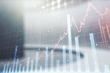 Multi exposure of virtual creative financial chart hologram on empty modern office background, research and analytics conceptの写真素材