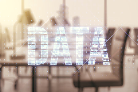 Data word hologram on a modern furnished office interior background, big data and blockchain concept. Multiexposureの写真素材