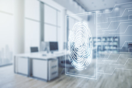 Multi exposure of virtual graphic fingerprint sketch on a modern furnished classroom background, fingerprint scan data conceptの写真素材
