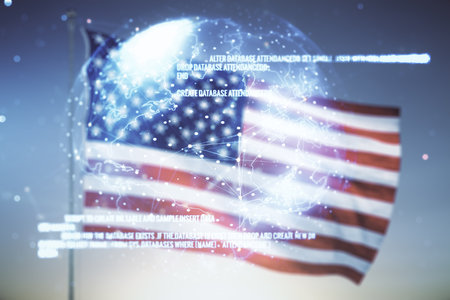 Abstract virtual coding concept and world map hologram on USA flag and sunset sky background. Multiexposureの写真素材