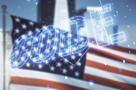 Code word hologram on US flag and city background, artificial intelligence and neural networks concept. Multiexposureの写真素材