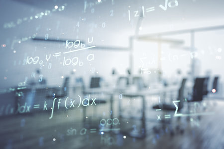 Scientific formula illustration on a modern furnished classroom background, science and research concept. Multiexposureの写真素材