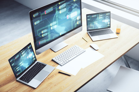 Modern computer display with abstract programming language hologram and world map, artificial intelligence and neural networks concept. 3D Renderingの写真素材