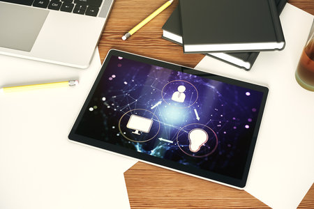 Modern digital tablet screen with social network icons concept. Networking concept. Top view. 3D Renderingの写真素材