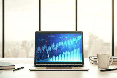 Abstract creative financial diagram on modern computer monitor, banking and accounting concept. 3D Renderingの写真素材