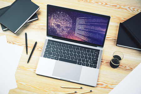 Creative concept of code skull illustration on modern laptop screen. Hacking and phishing concept. 3D Renderingの写真素材