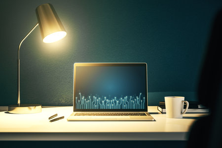 Creative abstract micro circuit sketch on modern laptop monitor, future technology and AI concept. 3D Renderingの写真素材