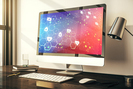 Creative abstract medical hologram on modern computer monitor, online medical consulting concept. 3D Renderingの写真素材