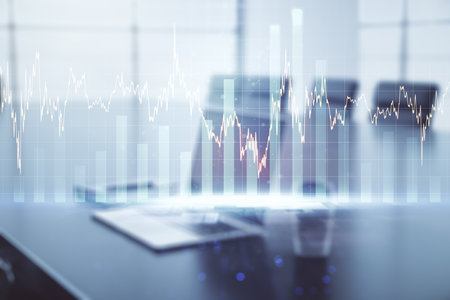 Multi exposure of abstract creative financial graph on modern computer background, forex and investment conceptの写真素材