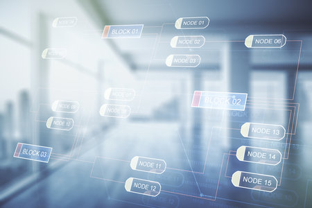 Multi exposure of abstract graphic coding sketch on modern interior background, big data and networking conceptの写真素材