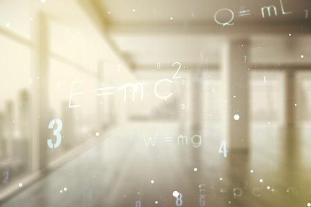 Double exposure of scientific formula hologram on empty modern office background, research and development conceptの写真素材